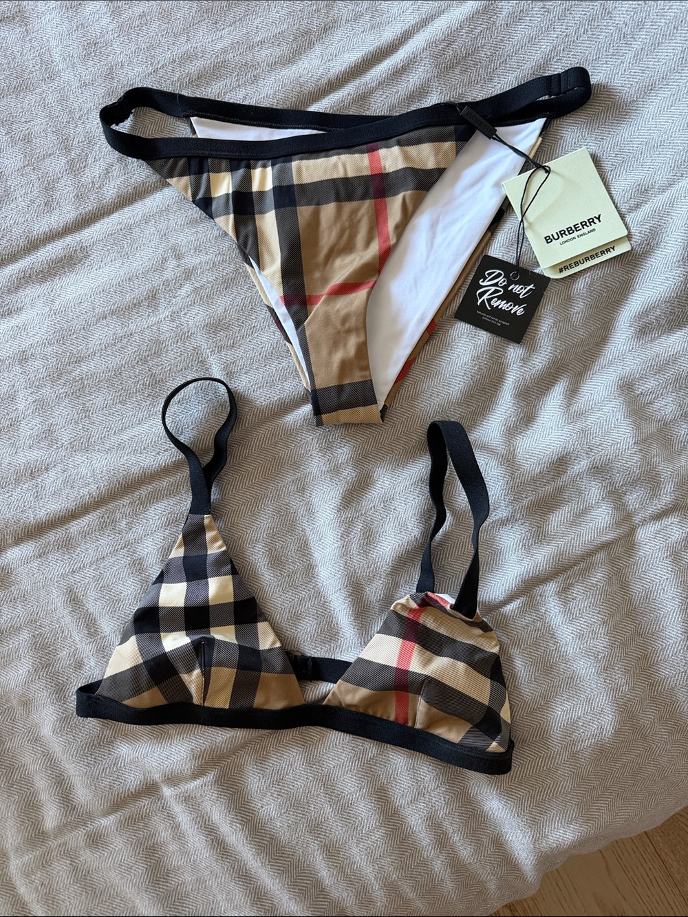 Burberry Vintage Check Triangle Bikini in Beige, Black and Red